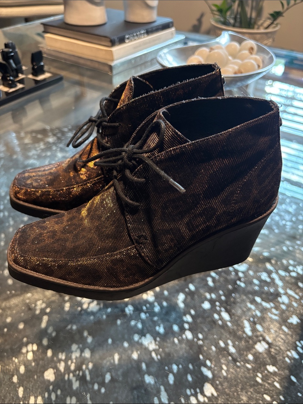 Donal J  Pliner Wedge Ankle Booties in Brown Metallic Leopard Print